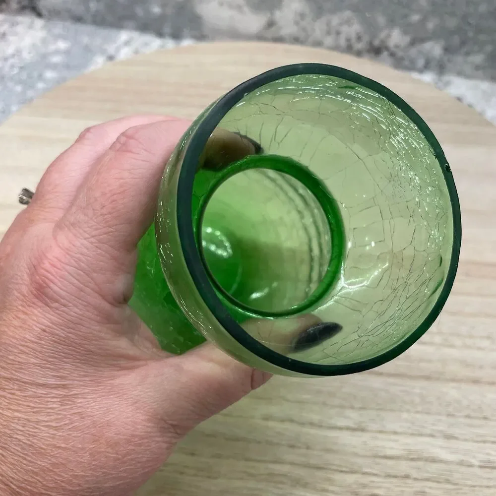 Vintage MCM Green Crackle Glass Hourglass Vase Hand Blown Art Glass 6 inch